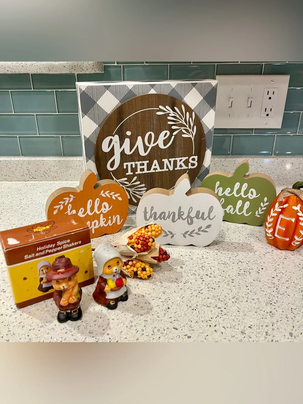 Give Thanks Wooden Fall Sign with Pumpkin Trio. Includes Ceramic S & P Shakers
